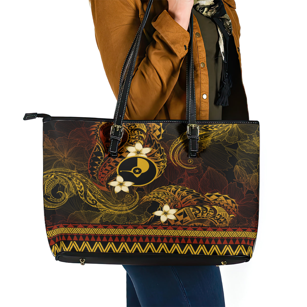 FSM Yap State Leather Tote Bag Tribal Pattern Gold Version LT01 - Polynesian Pride