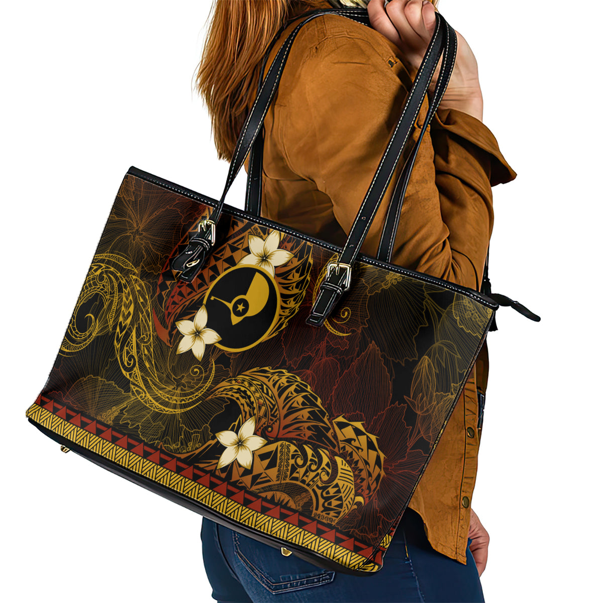 FSM Yap State Leather Tote Bag Tribal Pattern Gold Version LT01 - Polynesian Pride