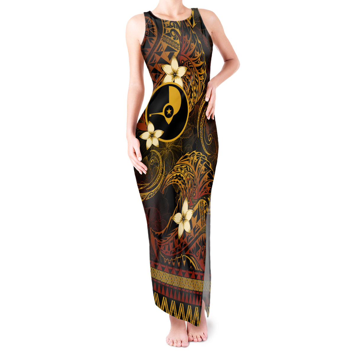 FSM Yap State Tank Maxi Dress Tribal Pattern Gold Version LT01 Women Gold - Polynesian Pride