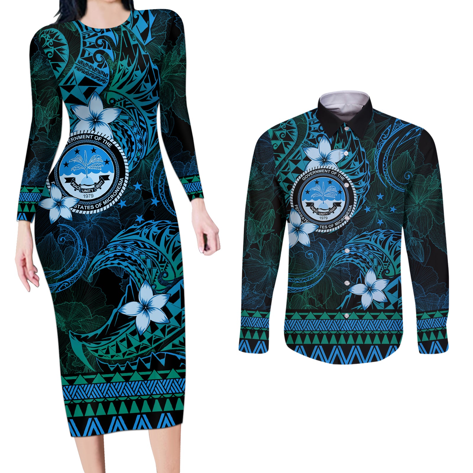 FSM Culture Day Couples Matching Long Sleeve Bodycon Dress and Long Sleeve Button Shirt Tribal Pattern Ocean Version LT01 Blue - Polynesian Pride