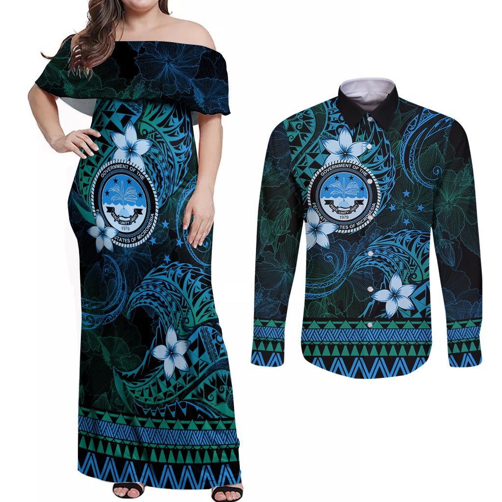 FSM Culture Day Couples Matching Off Shoulder Maxi Dress and Long Sleeve Button Shirt Tribal Pattern Ocean Version LT01 Blue - Polynesian Pride