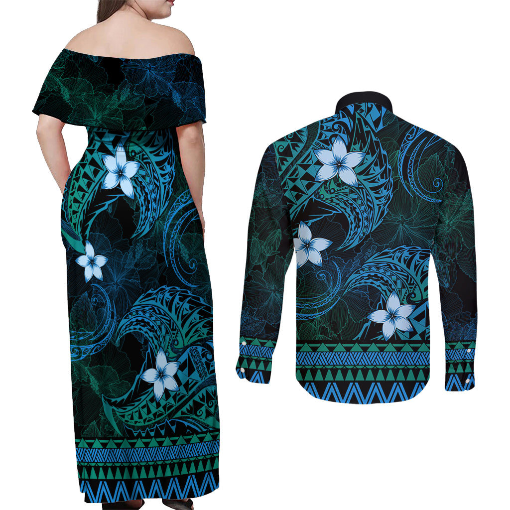 FSM Culture Day Couples Matching Off Shoulder Maxi Dress and Long Sleeve Button Shirt Tribal Pattern Ocean Version LT01 - Polynesian Pride