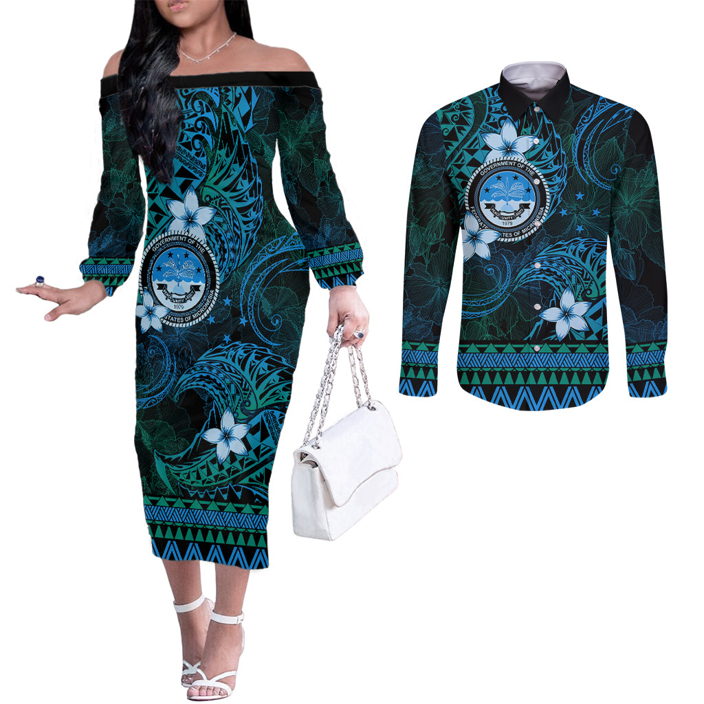 FSM Culture Day Couples Matching Off The Shoulder Long Sleeve Dress and Long Sleeve Button Shirt Tribal Pattern Ocean Version LT01 Blue - Polynesian Pride