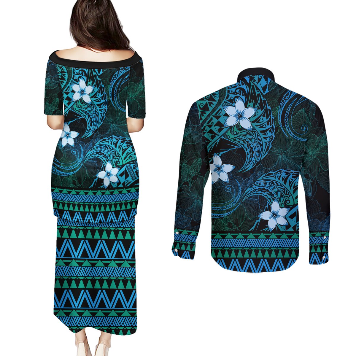 FSM Culture Day Couples Matching Puletasi and Long Sleeve Button Shirt Tribal Pattern Ocean Version LT01 - Polynesian Pride