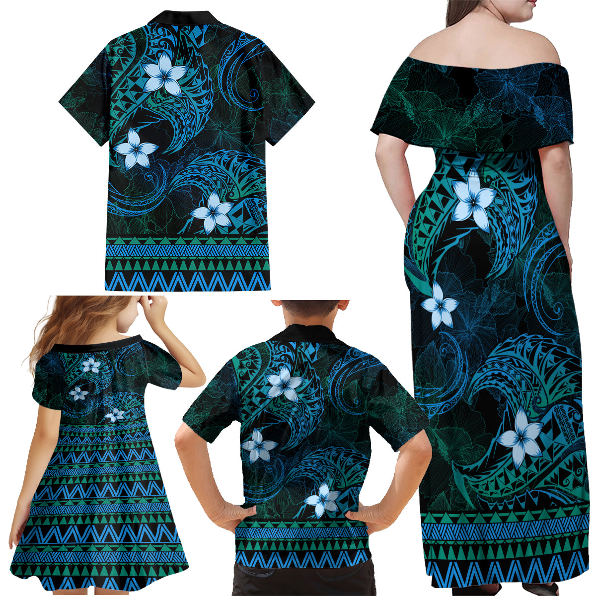 FSM Culture Day Family Matching Off Shoulder Maxi Dress and Hawaiian Shirt Tribal Pattern Ocean Version LT01 - Polynesian Pride