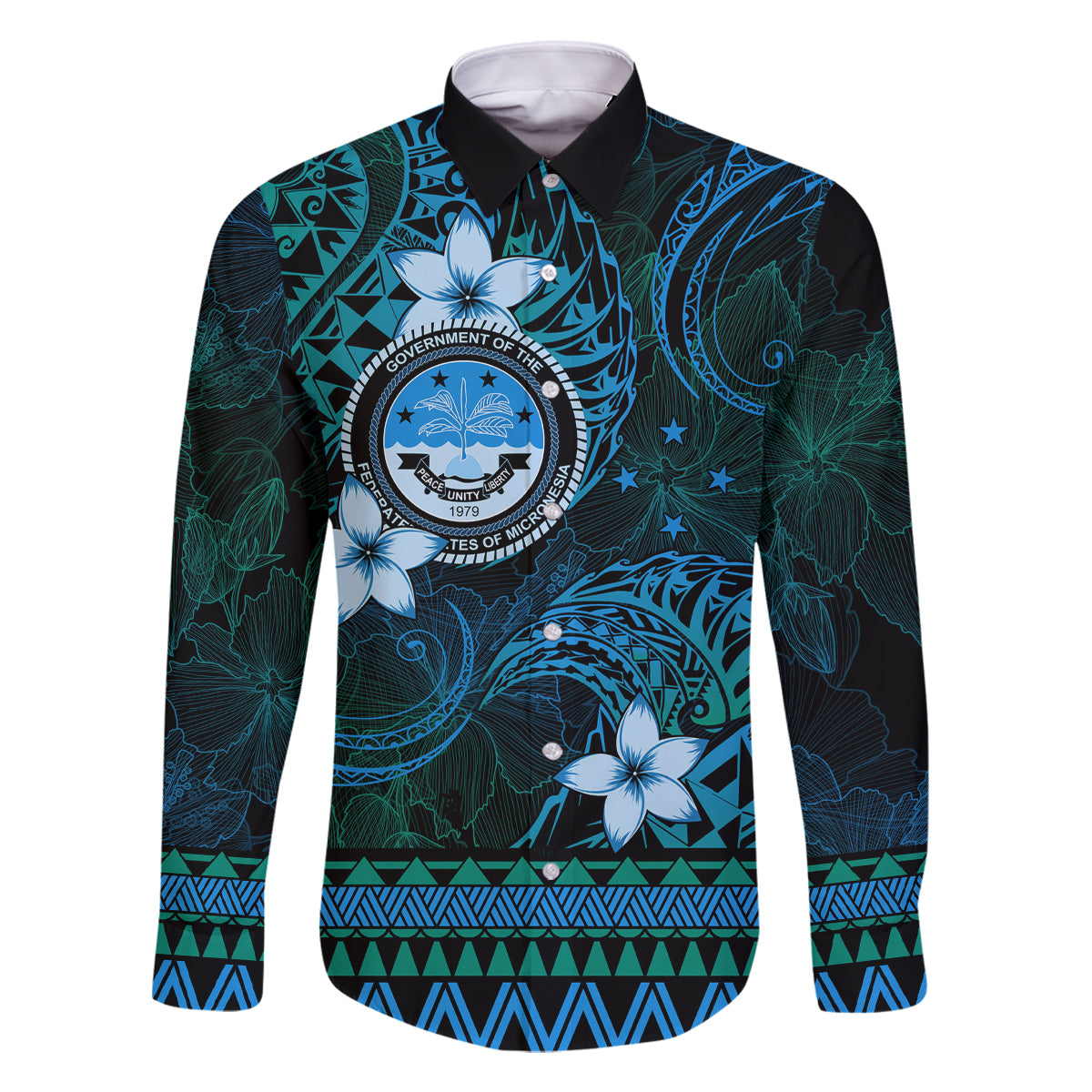 FSM Culture Day Family Matching Off Shoulder Maxi Dress and Hawaiian Shirt Tribal Pattern Ocean Version LT01 Dad's Shirt - Long Sleeve Blue - Polynesian Pride