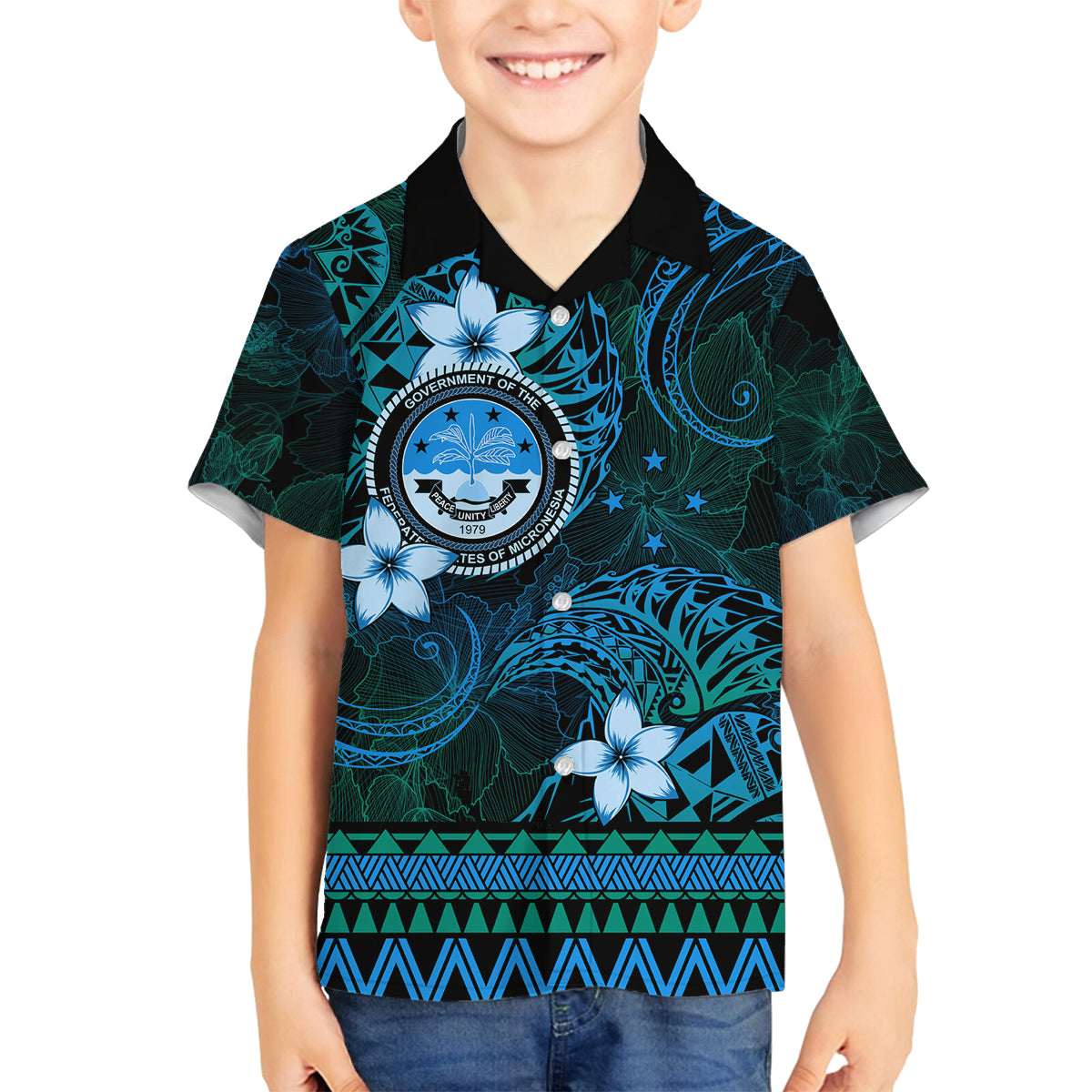FSM Culture Day Family Matching Off Shoulder Maxi Dress and Hawaiian Shirt Tribal Pattern Ocean Version LT01 Son's Shirt Blue - Polynesian Pride