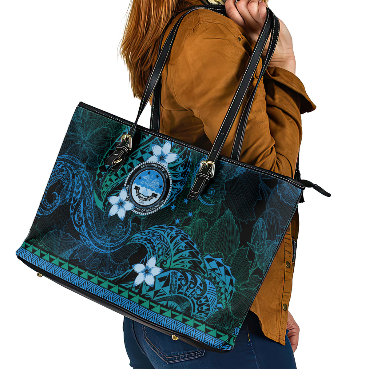 FSM Culture Day Leather Tote Bag Tribal Pattern Ocean Version LT01 - Polynesian Pride