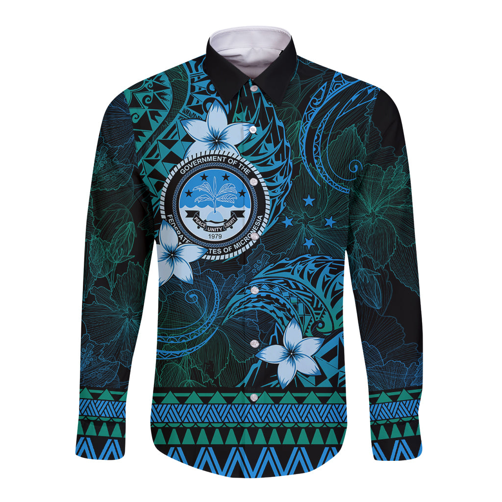 FSM Culture Day Long Sleeve Button Shirt Tribal Pattern Ocean Version LT01 Unisex Blue - Polynesian Pride