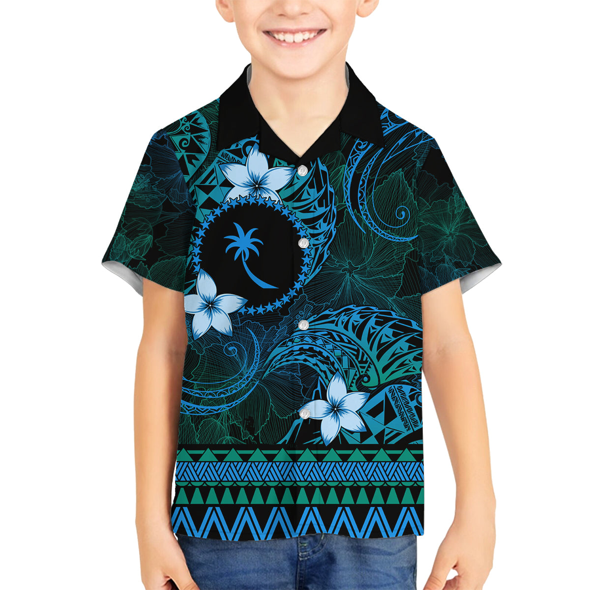 FSM Chuuk State Family Matching Summer Maxi Dress and Hawaiian Shirt Tribal Pattern Ocean Version LT01 Son's Shirt Blue - Polynesian Pride