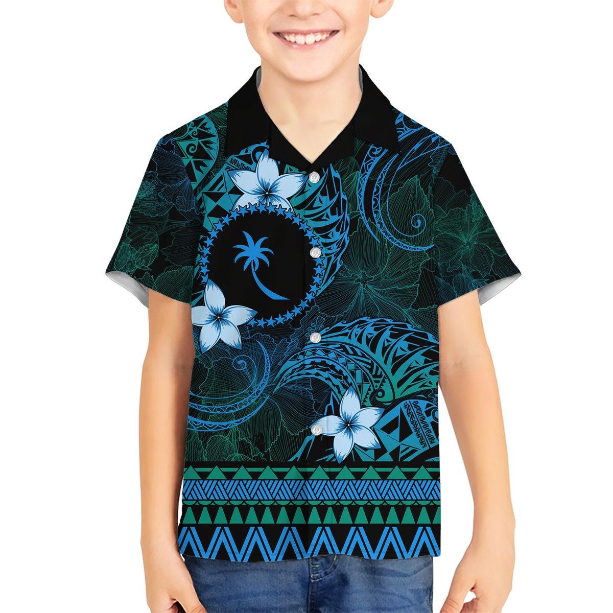 FSM Chuuk State Hawaiian Shirt Tribal Pattern Ocean Version LT01 - Polynesian Pride