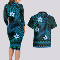 FSM Kosrae State Couples Matching Long Sleeve Bodycon Dress and Hawaiian Shirt Tribal Pattern Ocean Version LT01 - Polynesian Pride