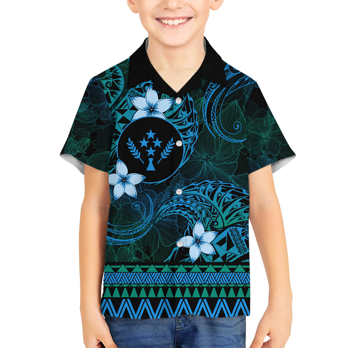 FSM Kosrae State Family Matching Puletasi and Hawaiian Shirt Tribal Pattern Ocean Version LT01 Son's Shirt Blue - Polynesian Pride