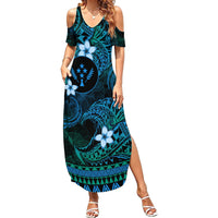 FSM Kosrae State Family Matching Summer Maxi Dress and Hawaiian Shirt Tribal Pattern Ocean Version LT01 Mom's Dress Blue - Polynesian Pride