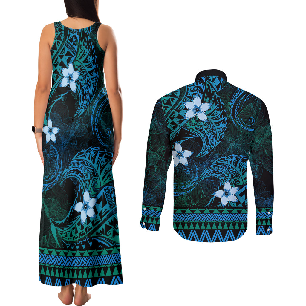 FSM Pohnpei State Couples Matching Tank Maxi Dress and Long Sleeve Button Shirt Tribal Pattern Ocean Version LT01 - Polynesian Pride