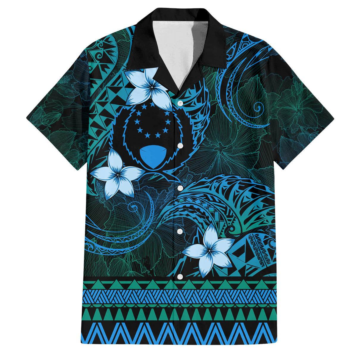 FSM Pohnpei State Family Matching Off Shoulder Short Dress and Hawaiian Shirt Tribal Pattern Ocean Version LT01 Dad's Shirt - Short Sleeve Blue - Polynesian Pride