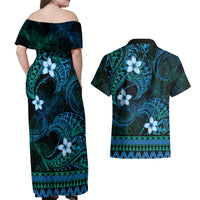 FSM Yap State Couples Matching Off Shoulder Maxi Dress and Hawaiian Shirt Tribal Pattern Ocean Version LT01 - Polynesian Pride