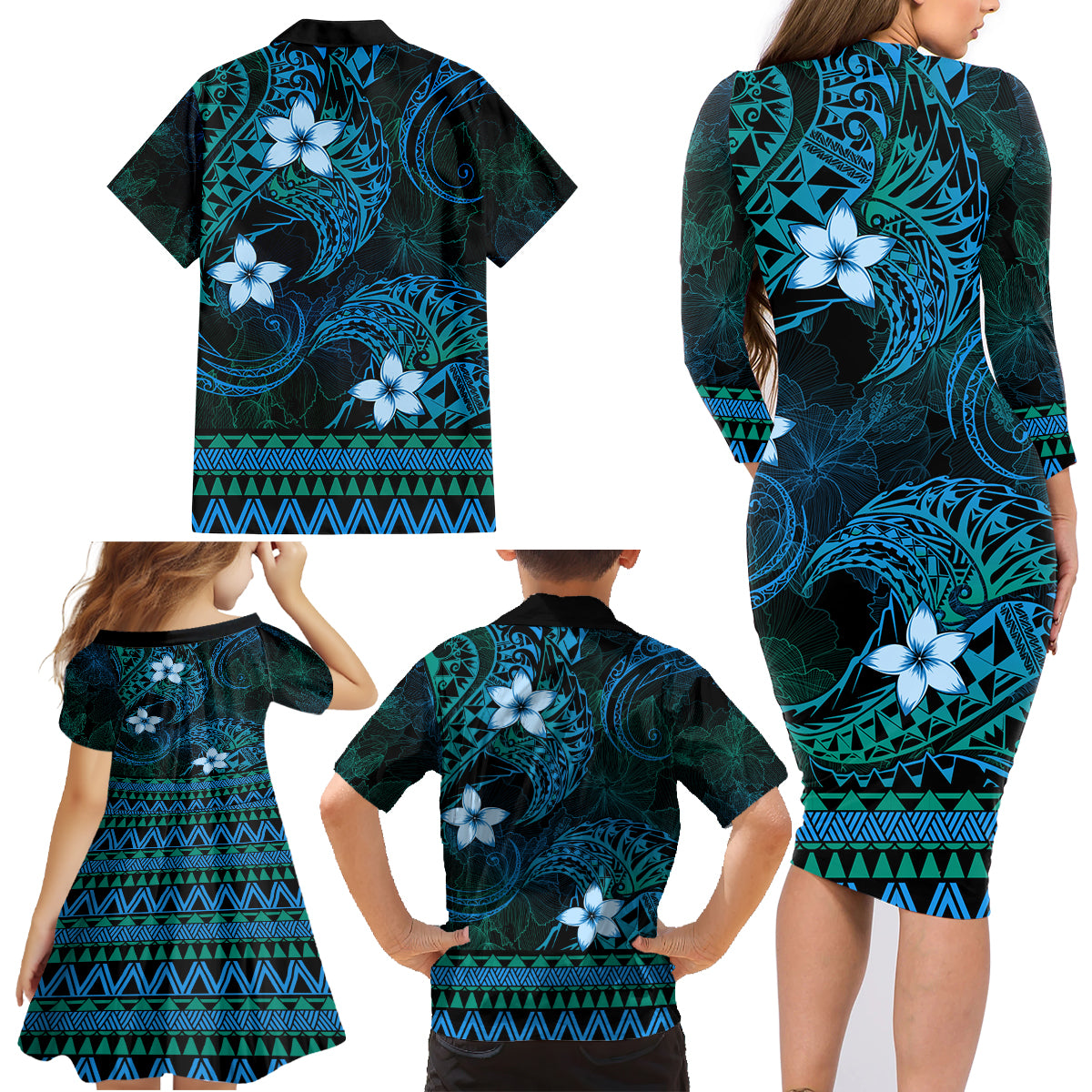 FSM Yap State Family Matching Long Sleeve Bodycon Dress and Hawaiian Shirt Tribal Pattern Ocean Version LT01 - Polynesian Pride