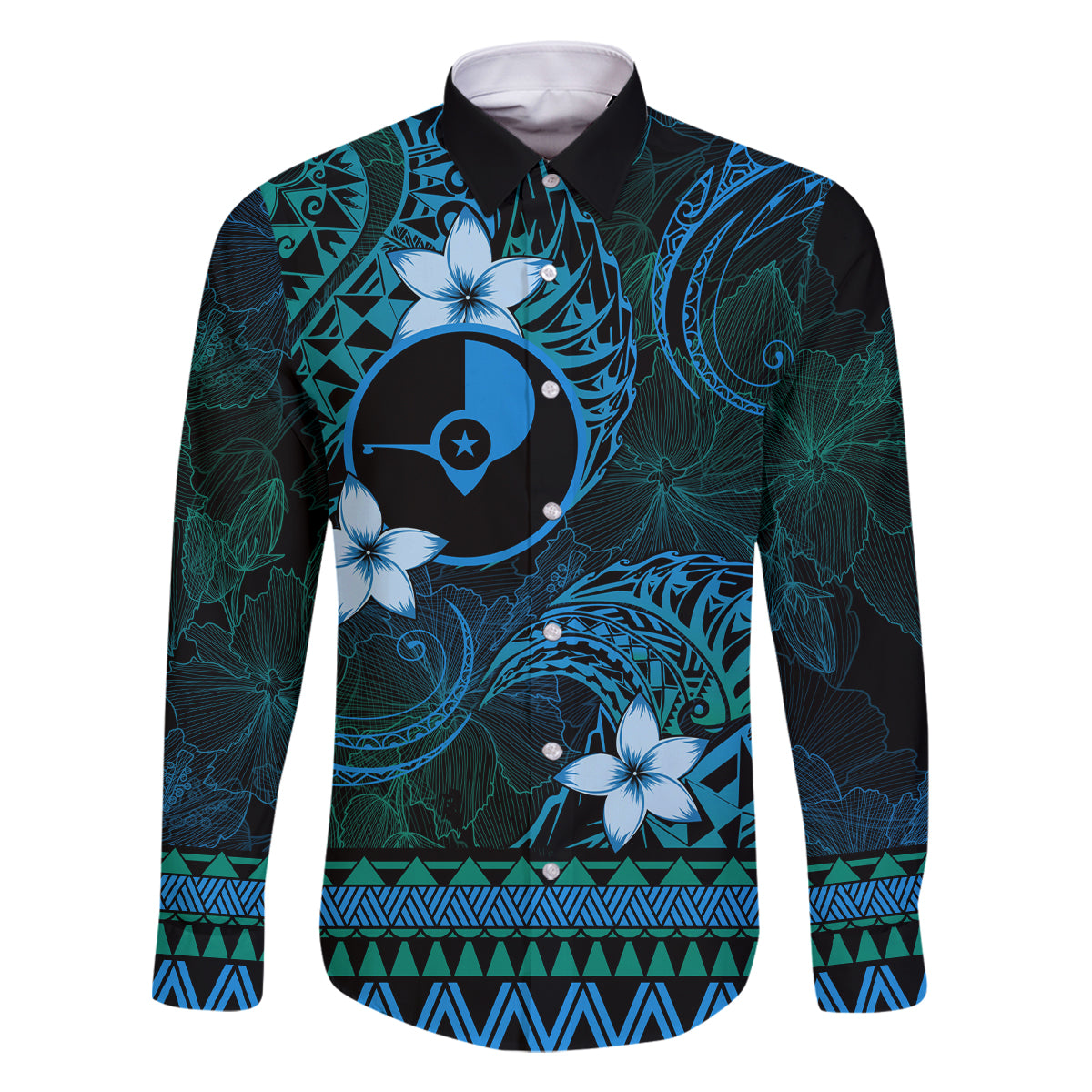 FSM Yap State Family Matching Tank Maxi Dress and Hawaiian Shirt Tribal Pattern Ocean Version LT01 Dad's Shirt - Long Sleeve Blue - Polynesian Pride