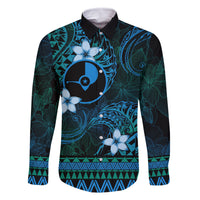 FSM Yap State Family Matching Tank Maxi Dress and Hawaiian Shirt Tribal Pattern Ocean Version LT01 Dad's Shirt - Long Sleeve Blue - Polynesian Pride