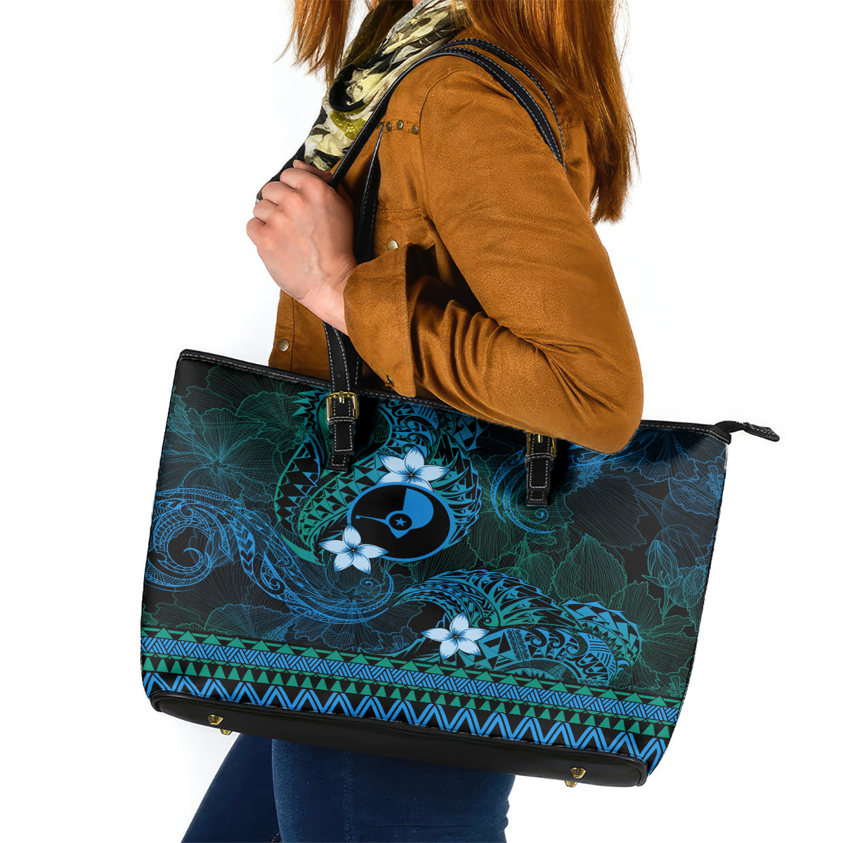 FSM Yap State Leather Tote Bag Tribal Pattern Ocean Version LT01 Blue - Polynesian Pride