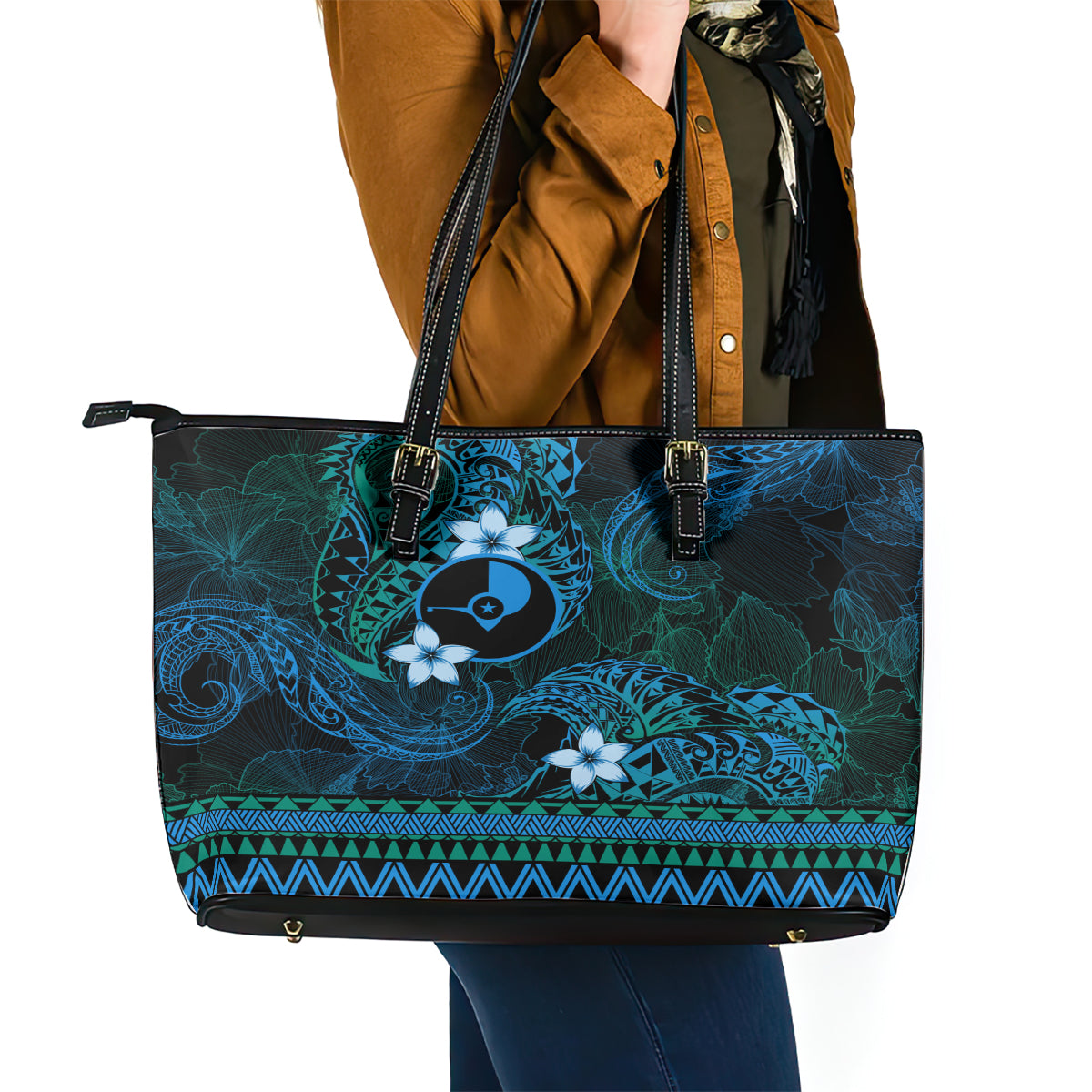 FSM Yap State Leather Tote Bag Tribal Pattern Ocean Version LT01 - Polynesian Pride
