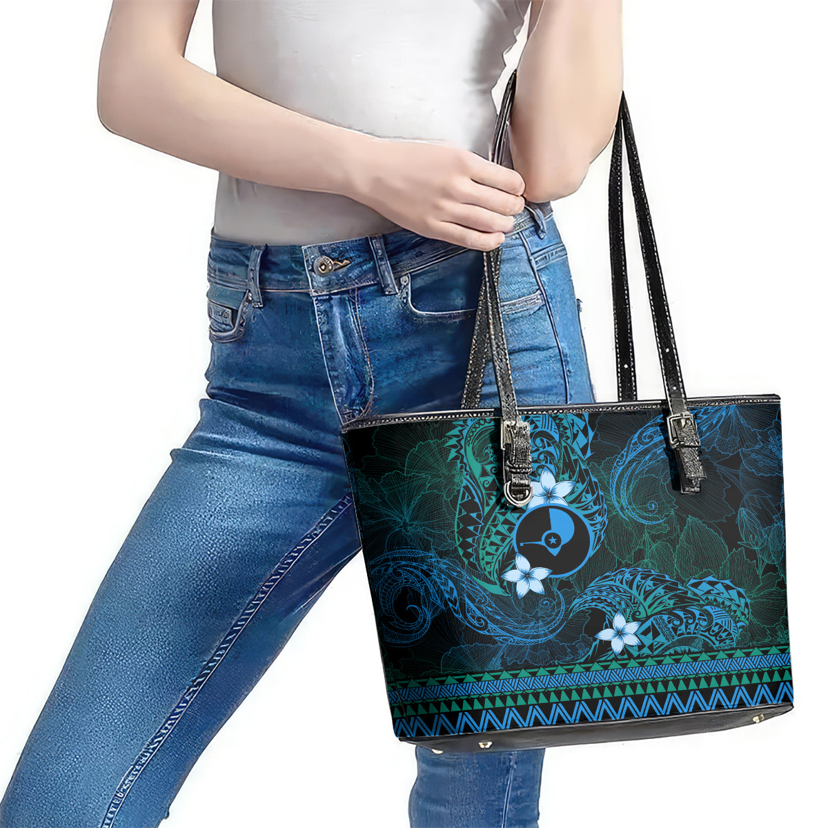 FSM Yap State Leather Tote Bag Tribal Pattern Ocean Version LT01 - Polynesian Pride