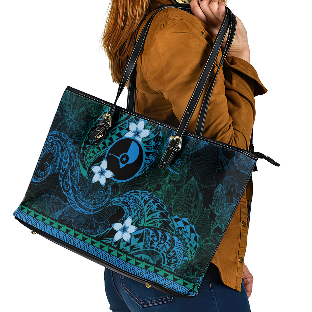 FSM Yap State Leather Tote Bag Tribal Pattern Ocean Version LT01 - Polynesian Pride