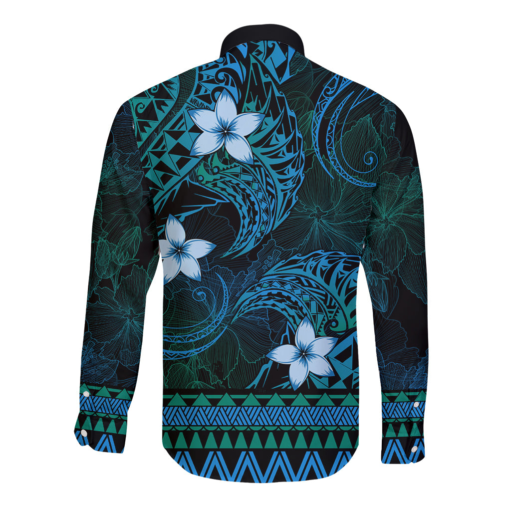 FSM Yap State Long Sleeve Button Shirt Tribal Pattern Ocean Version LT01 - Polynesian Pride