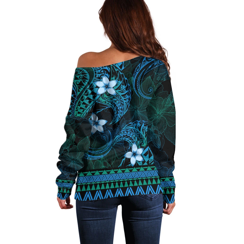 FSM Yap State Off Shoulder Sweater Tribal Pattern Ocean Version LT01 - Polynesian Pride