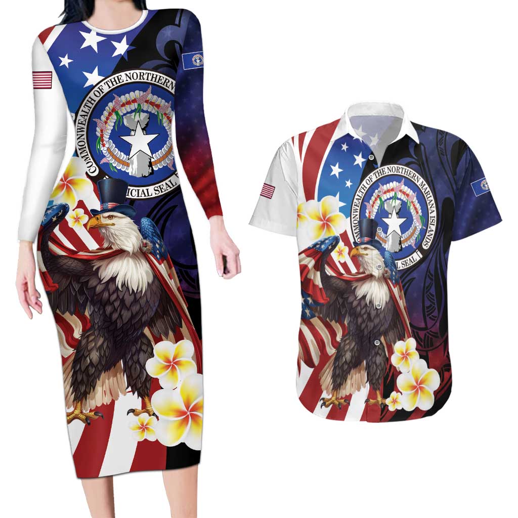 Personalized Northern Mariana Islands 4th of July Couples Matching Long Sleeve Bodycon Dress and Hawaiian Shirt Plumeria USA Eagle LT01 Multicolor - Polynesian Pride