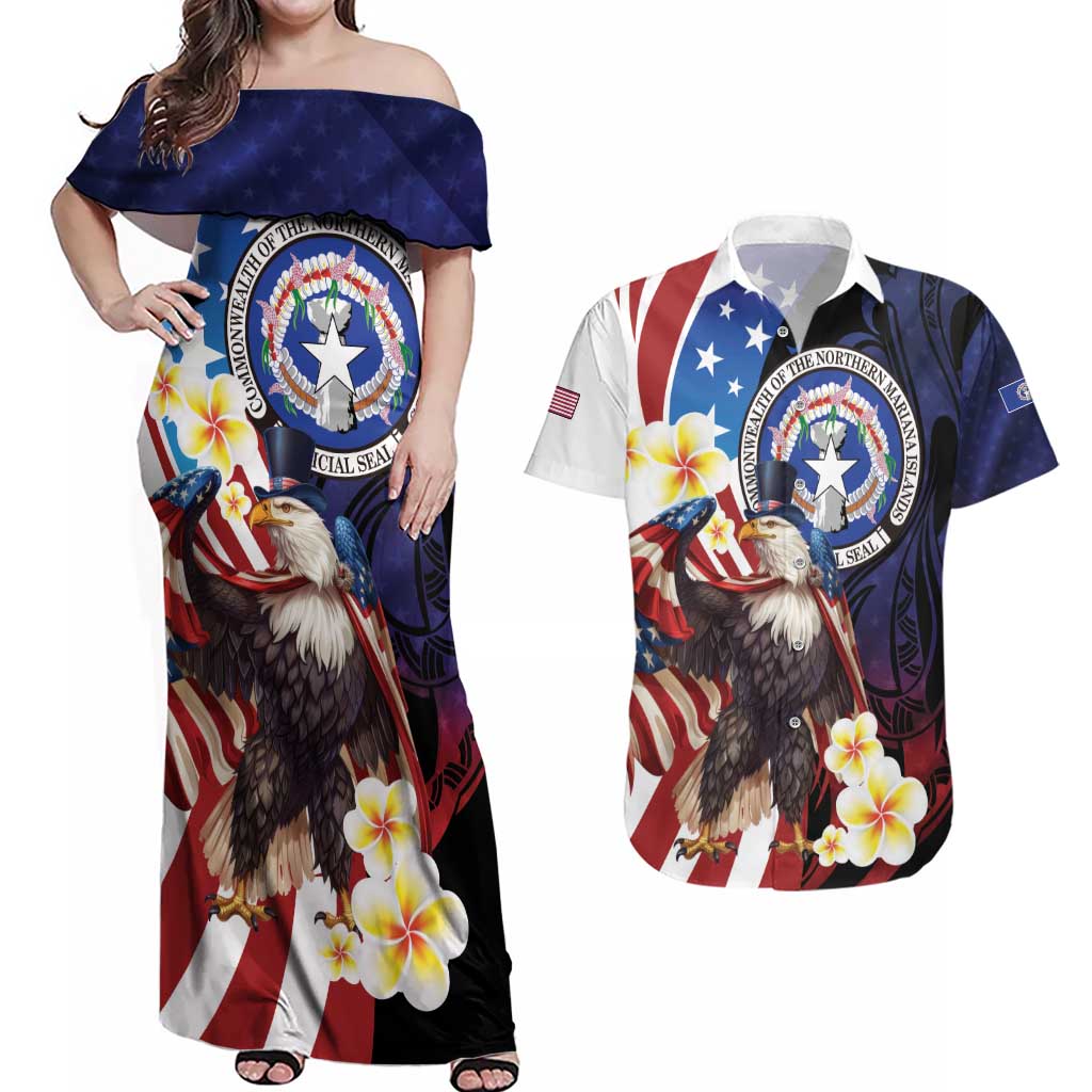 Personalized Northern Mariana Islands 4th of July Couples Matching Off Shoulder Maxi Dress and Hawaiian Shirt Plumeria USA Eagle LT01 Multicolor - Polynesian Pride