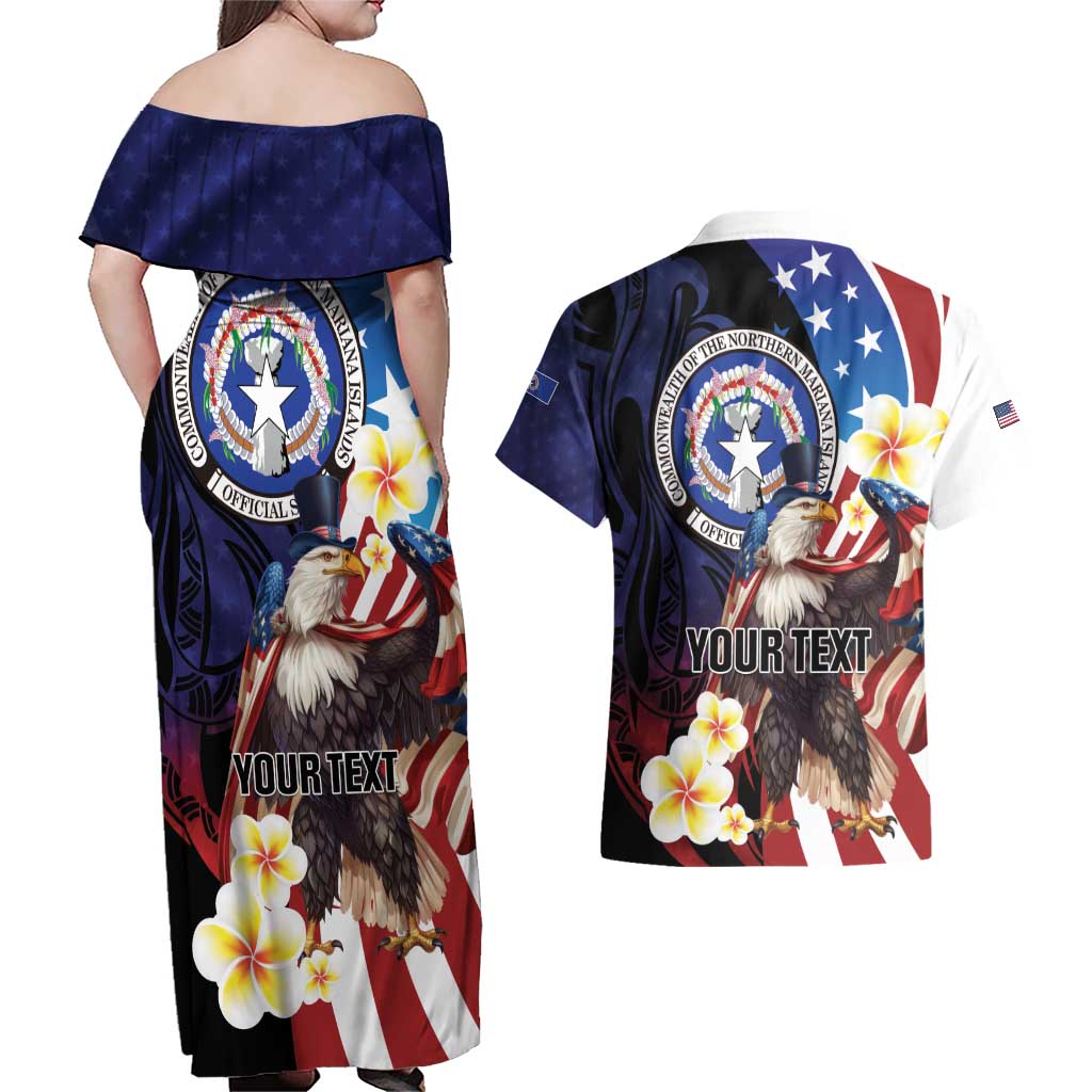 Personalized Northern Mariana Islands 4th of July Couples Matching Off Shoulder Maxi Dress and Hawaiian Shirt Plumeria USA Eagle LT01 - Polynesian Pride