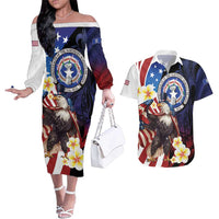 Personalized Northern Mariana Islands 4th of July Couples Matching Off The Shoulder Long Sleeve Dress and Hawaiian Shirt Plumeria USA Eagle LT01 Multicolor - Polynesian Pride