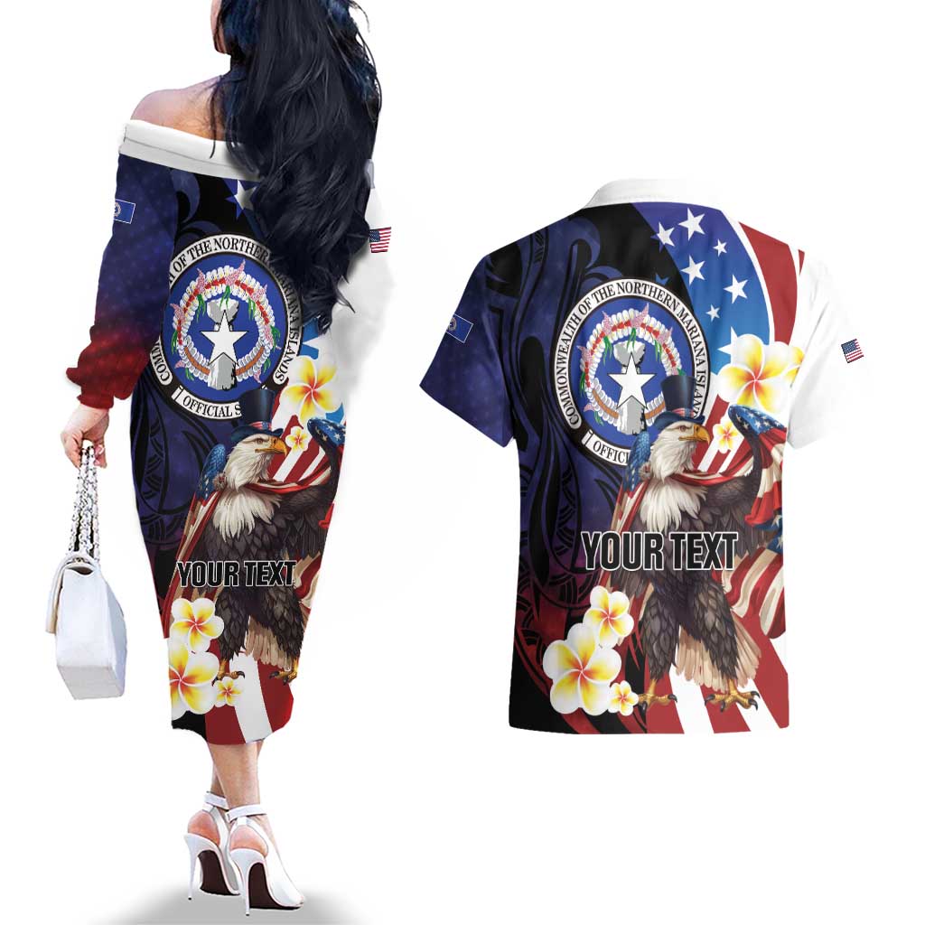 Personalized Northern Mariana Islands 4th of July Couples Matching Off The Shoulder Long Sleeve Dress and Hawaiian Shirt Plumeria USA Eagle LT01 - Polynesian Pride