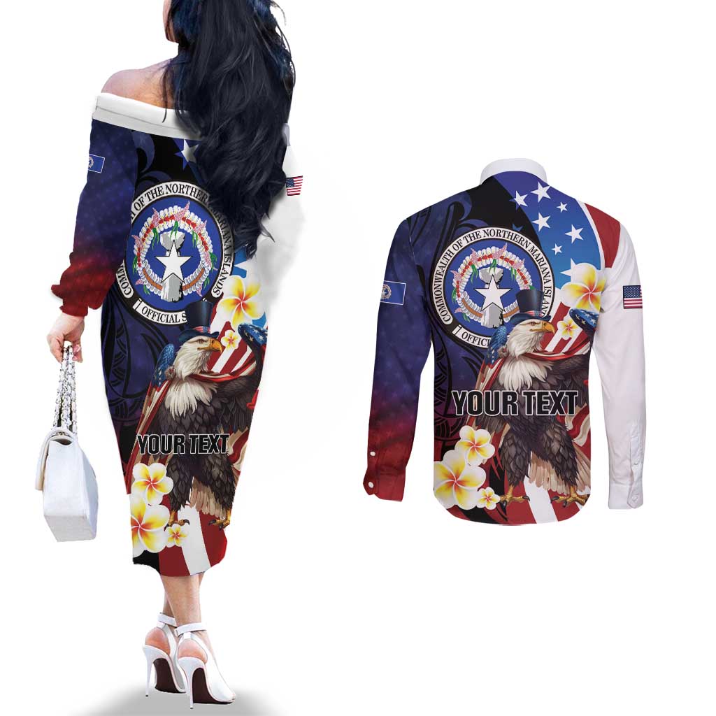 Personalized Northern Mariana Islands 4th of July Couples Matching Off The Shoulder Long Sleeve Dress and Long Sleeve Button Shirt Plumeria USA Eagle LT01 - Polynesian Pride