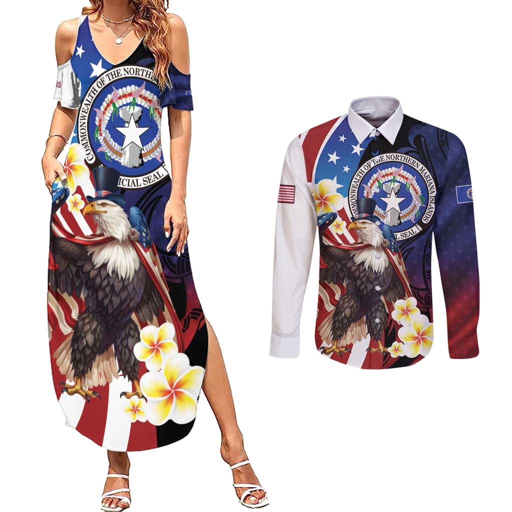 Personalized Northern Mariana Islands 4th of July Couples Matching Summer Maxi Dress and Long Sleeve Button Shirt Plumeria USA Eagle