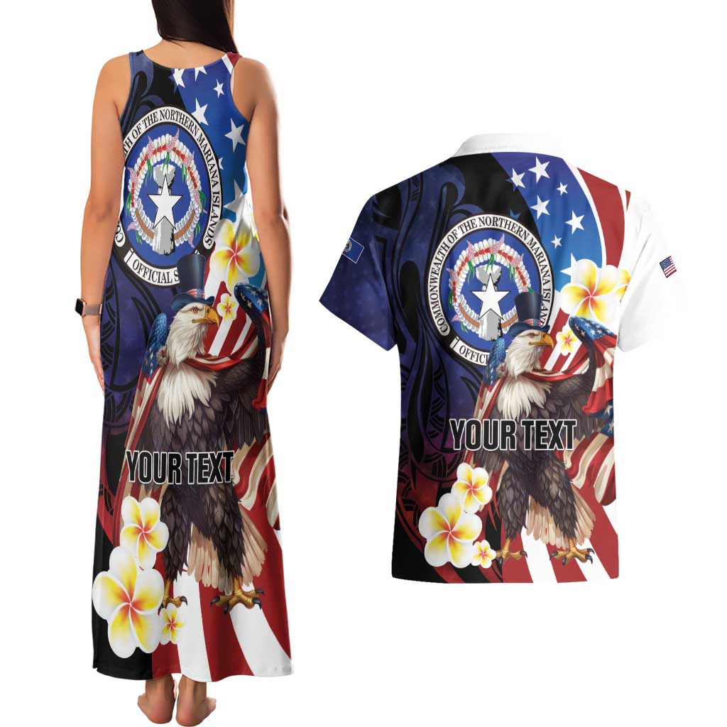 Personalized Northern Mariana Islands 4th of July Couples Matching Tank Maxi Dress and Hawaiian Shirt Plumeria USA Eagle LT01 - Polynesian Pride