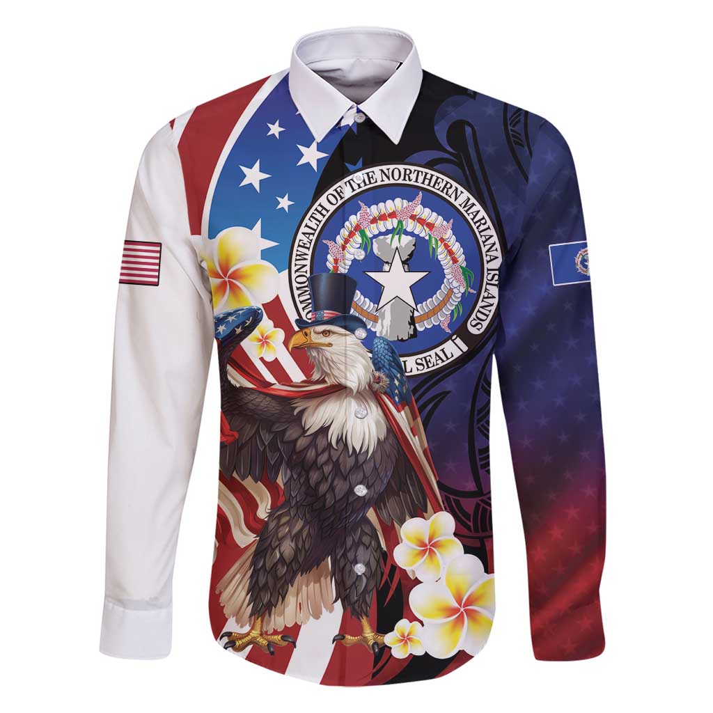 Personalized Northern Mariana Islands 4th of July Family Matching Long Sleeve Bodycon Dress and Hawaiian Shirt Plumeria USA Eagle LT01 Dad's Shirt - Long Sleeve Multicolor - Polynesian Pride