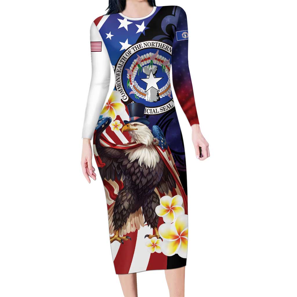 Personalized Northern Mariana Islands 4th of July Family Matching Long Sleeve Bodycon Dress and Hawaiian Shirt Plumeria USA Eagle LT01 Mom's Dress Multicolor - Polynesian Pride