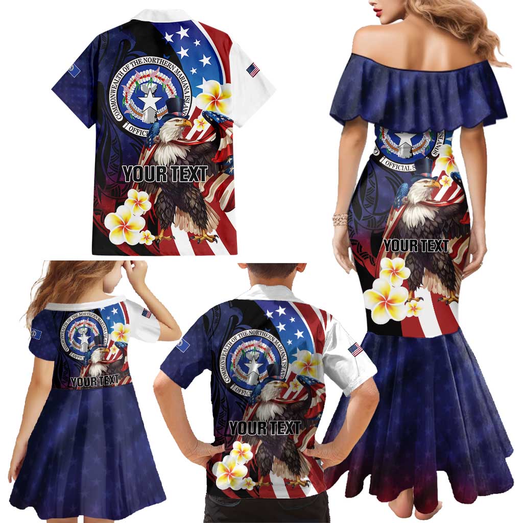 Personalized Northern Mariana Islands 4th of July Family Matching Mermaid Dress and Hawaiian Shirt Plumeria USA Eagle LT01 - Polynesian Pride