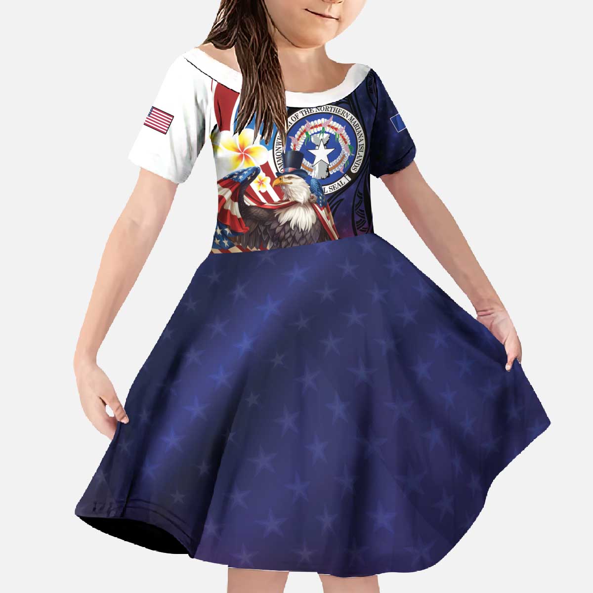 Personalized Northern Mariana Islands 4th of July Family Matching Off The Shoulder Long Sleeve Dress and Hawaiian Shirt Plumeria USA Eagle LT01 Daughter's Dress Multicolor - Polynesian Pride