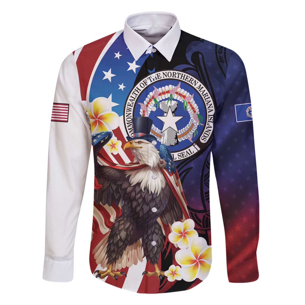 Personalized Northern Mariana Islands 4th of July Family Matching Off The Shoulder Long Sleeve Dress and Hawaiian Shirt Plumeria USA Eagle LT01 Dad's Shirt - Long Sleeve Multicolor - Polynesian Pride