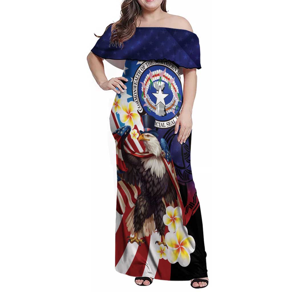 Personalized Northern Mariana Islands 4th of July Family Matching Off Shoulder Maxi Dress and Hawaiian Shirt Plumeria USA Eagle LT01 Mom's Dress Multicolor - Polynesian Pride