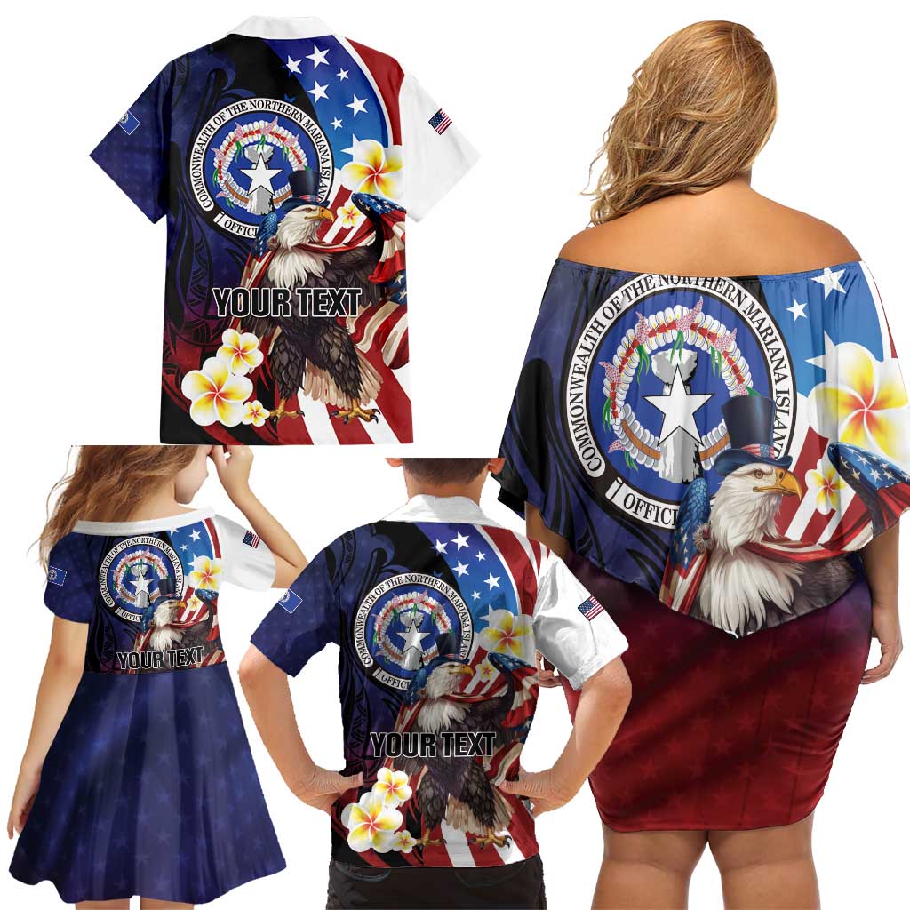 Personalized Northern Mariana Islands 4th of July Family Matching Off Shoulder Short Dress and Hawaiian Shirt Plumeria USA Eagle LT01 - Polynesian Pride
