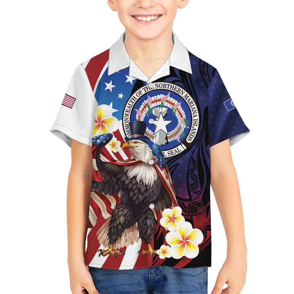 Personalized Northern Mariana Islands 4th of July Kid Hawaiian Shirt Plumeria USA Eagle