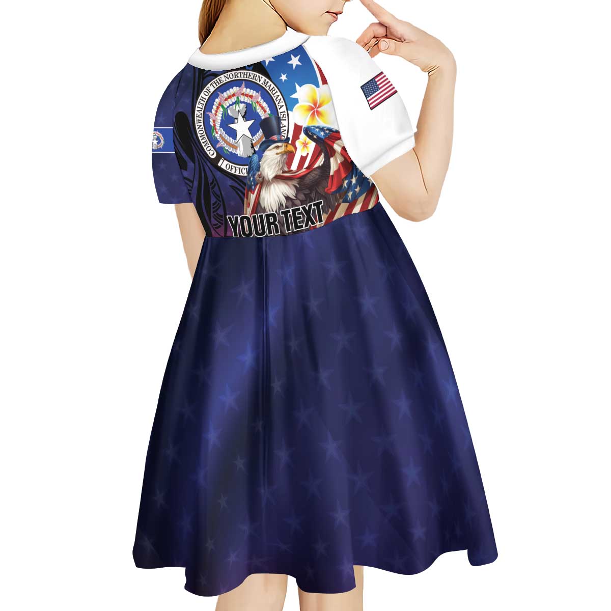 Personalized Northern Mariana Islands 4th of July Kid Short Sleeve Dress Plumeria USA Eagle