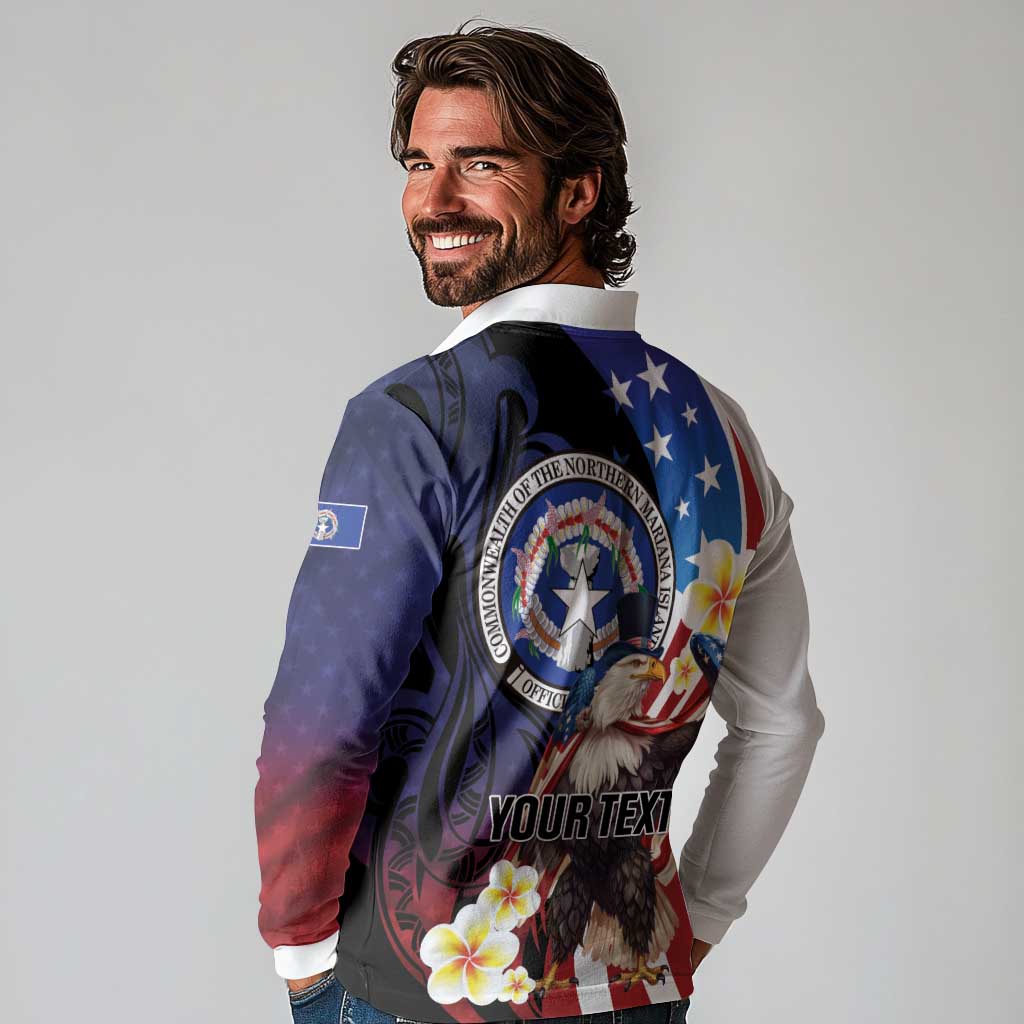Personalized Northern Mariana Islands 4th of July Long Sleeve Polo Shirt Plumeria USA Eagle