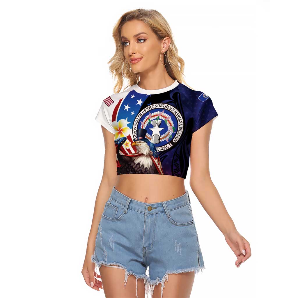 Personalized Northern Mariana Islands 4th of July Raglan Cropped T Shirt Plumeria USA Eagle