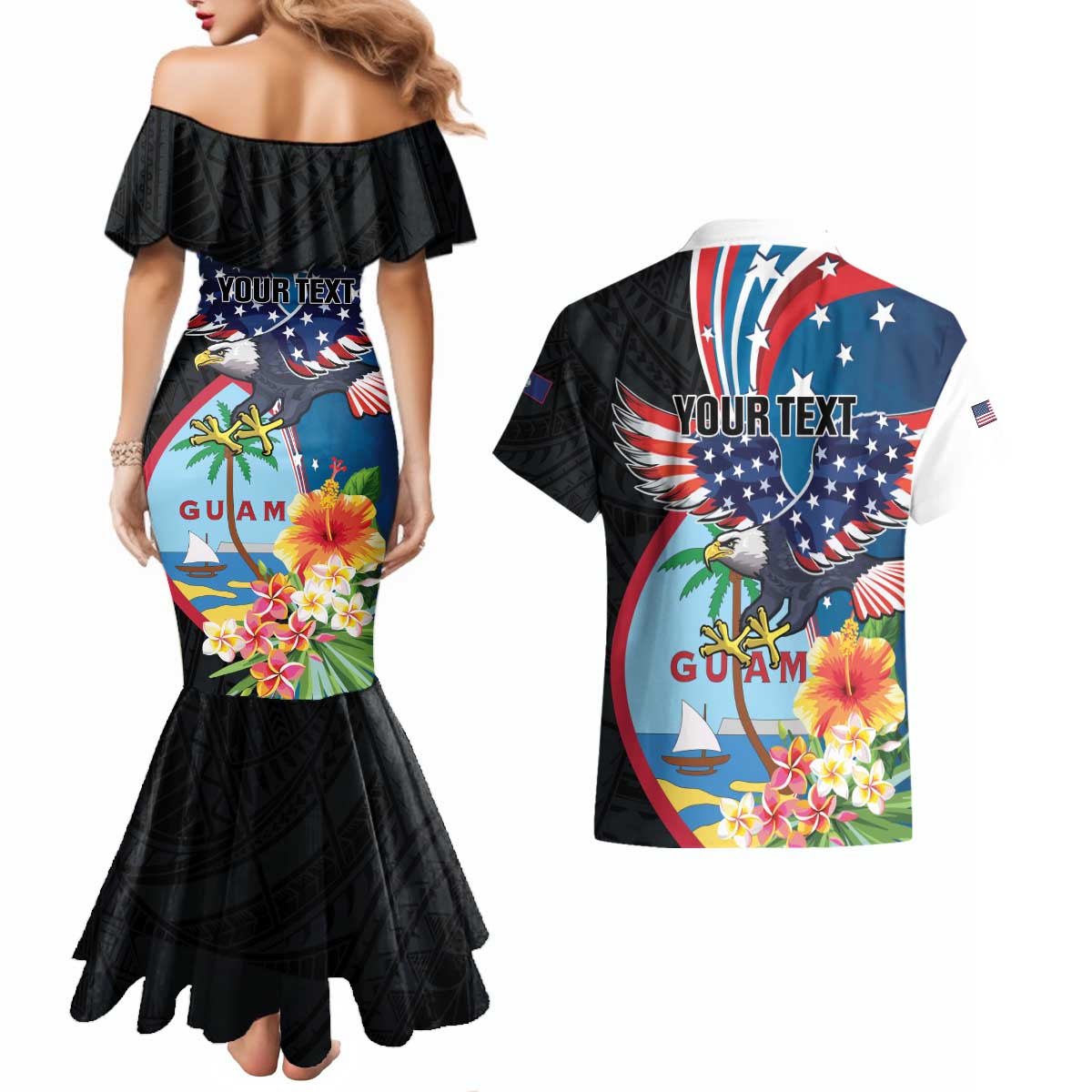 Personalized Guam Fourth of July Couples Matching Mermaid Dress and Hawaiian Shirt Tropical Flowers